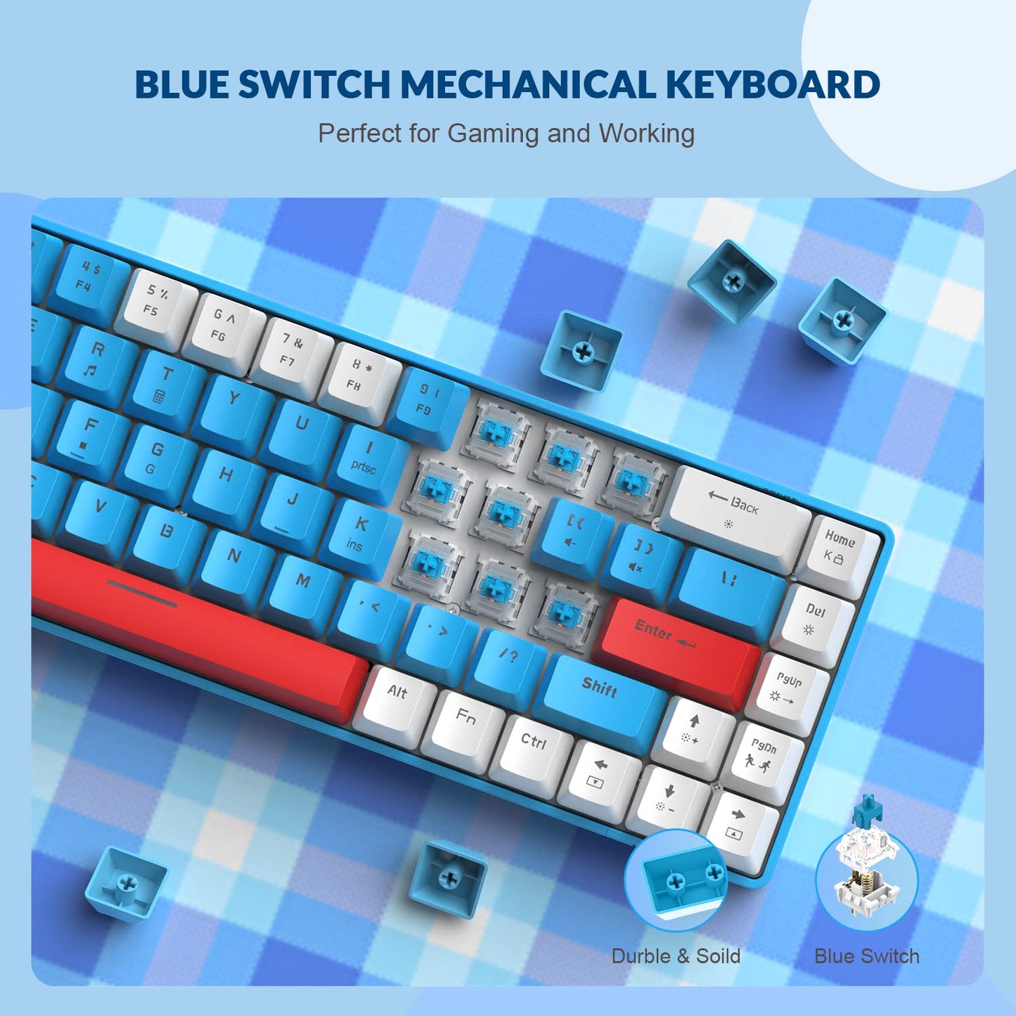 YINDIAO T8 60% gaming keyboard, 68 keys, compact, wired, mechanical mini keyboard with 18 Chroma RGB backlight, red switches, USB-C coiled keyboard cable, for PC, Mac — light grey