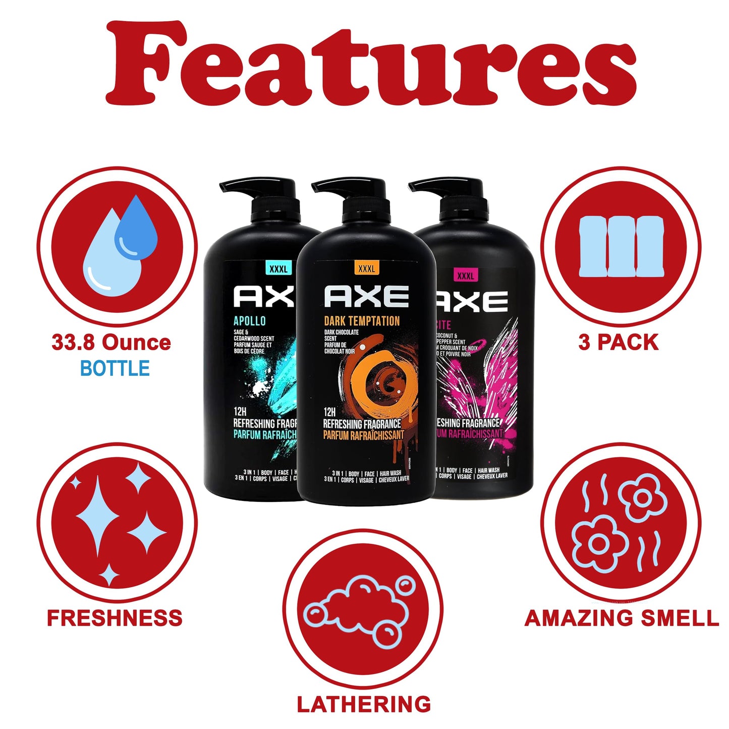 Axe Douchegel - Mannen - 3in1 - XXXL - Pompflacon - 3Stuks - Zwart
