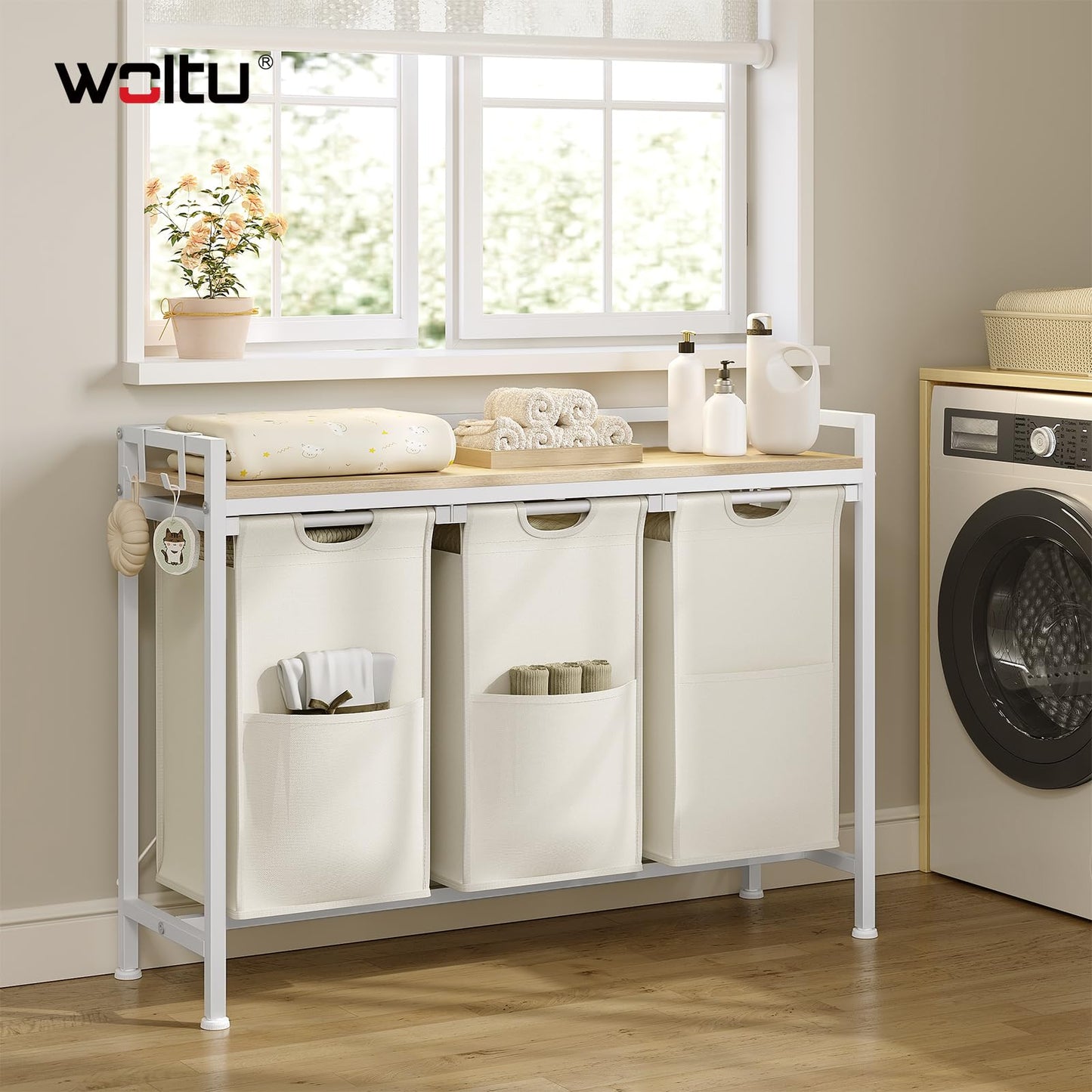 Woltu Wasmand - 3-Vaks - 120L - 96x71x30cm - Wit/Licht Eiken