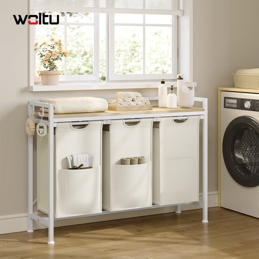 Woltu Wasmand - 3-Vaks - 120L - 96x71x30cm - Wit/Licht Eiken