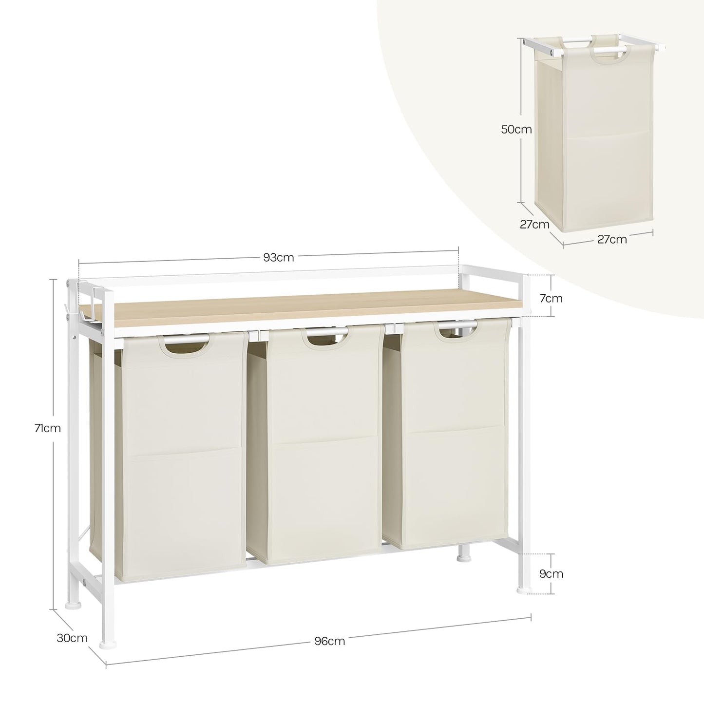 Woltu Wasmand - 3-Vaks - 120L - 96x71x30cm - Wit/Licht Eiken