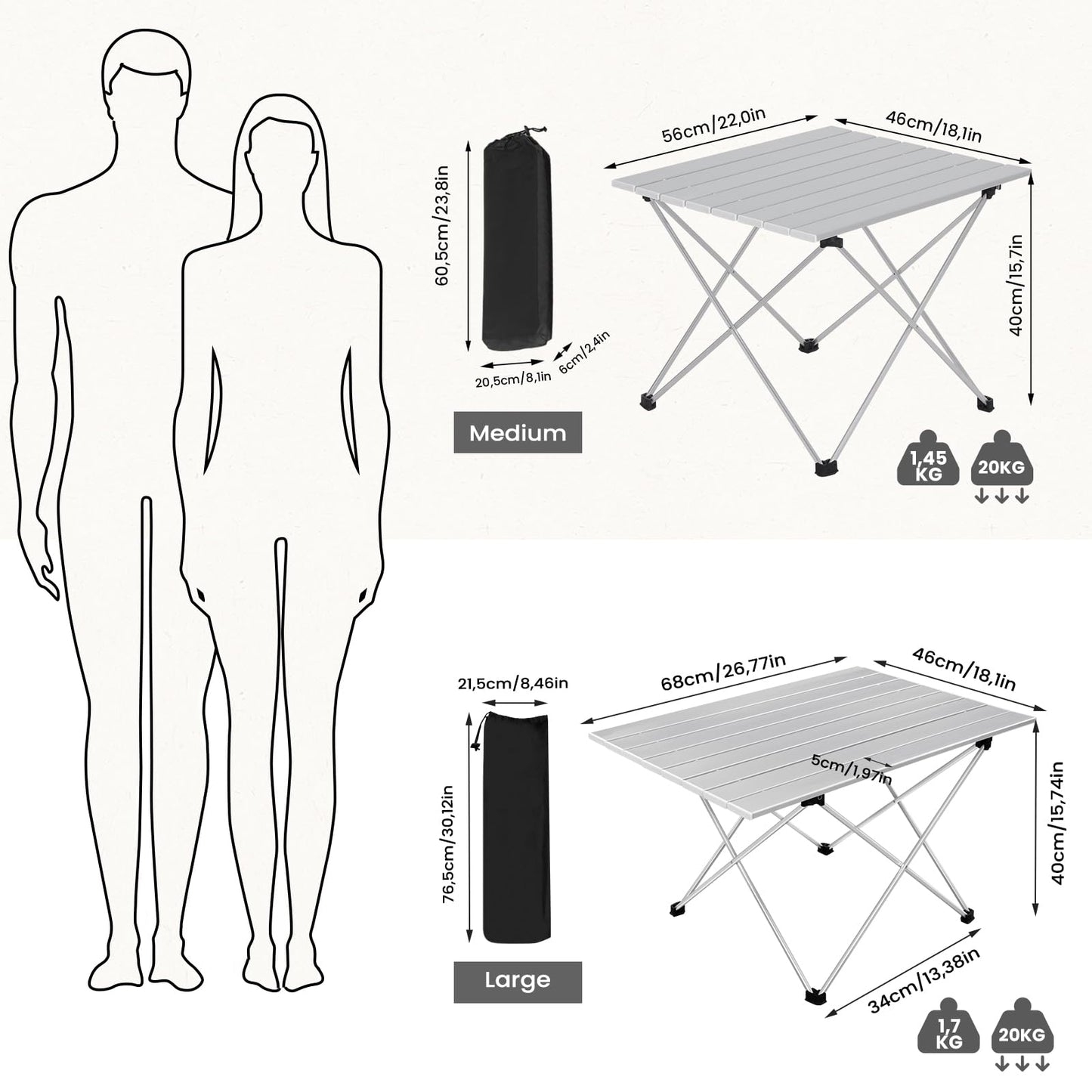WOLTU aluminium campingtafel - opvouwbaar - ultra licht 1,7 kg - 68 x 46 x 40 cm - zilver`