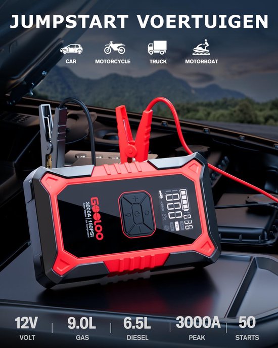 GOOLOO A3 - Draagbare Jumpstarter met Compressor & Powerbank - 3000A - 12V Voertuigen - USB Snelladen - Compact Design - LED Zaklamp - Voor Auto, Motor & Boot