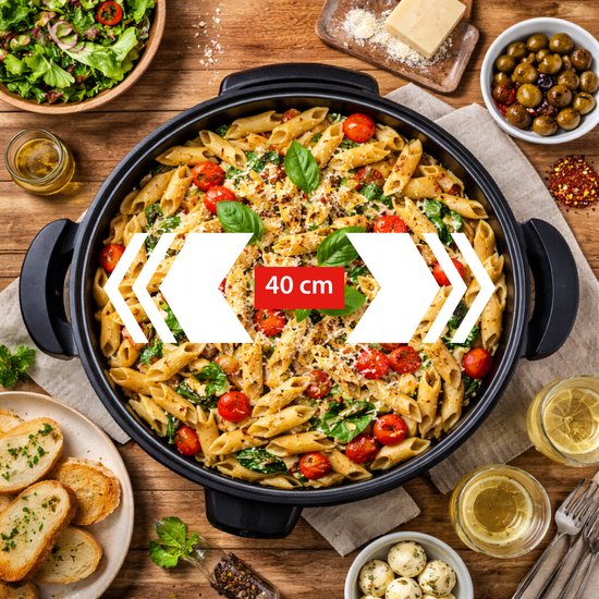 alpina Hapjespan - Partypan met Deksel en Thermostaat - Antiaanbaklaag voor Bakken en Warmhouden - 1500W Elektrisch Hapjespan met Glazen Deksel - Cooltouch Handvatten - Ø40cm