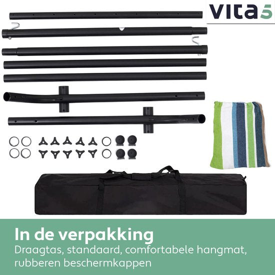 Vita5 Hangmat met Standaard 2 Persoons - Blauw/Groen - Draaggewicht 205 kg - Verstelbare Lengte - Incl. Draagtas