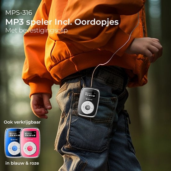 Denver MP3 Speler Incl. Oordopjes - 32GB - Shuffle modus - Kinderen & Volwassenen - Bevestigingsclip - AUX - MicroSD - MPS316 - Zwart