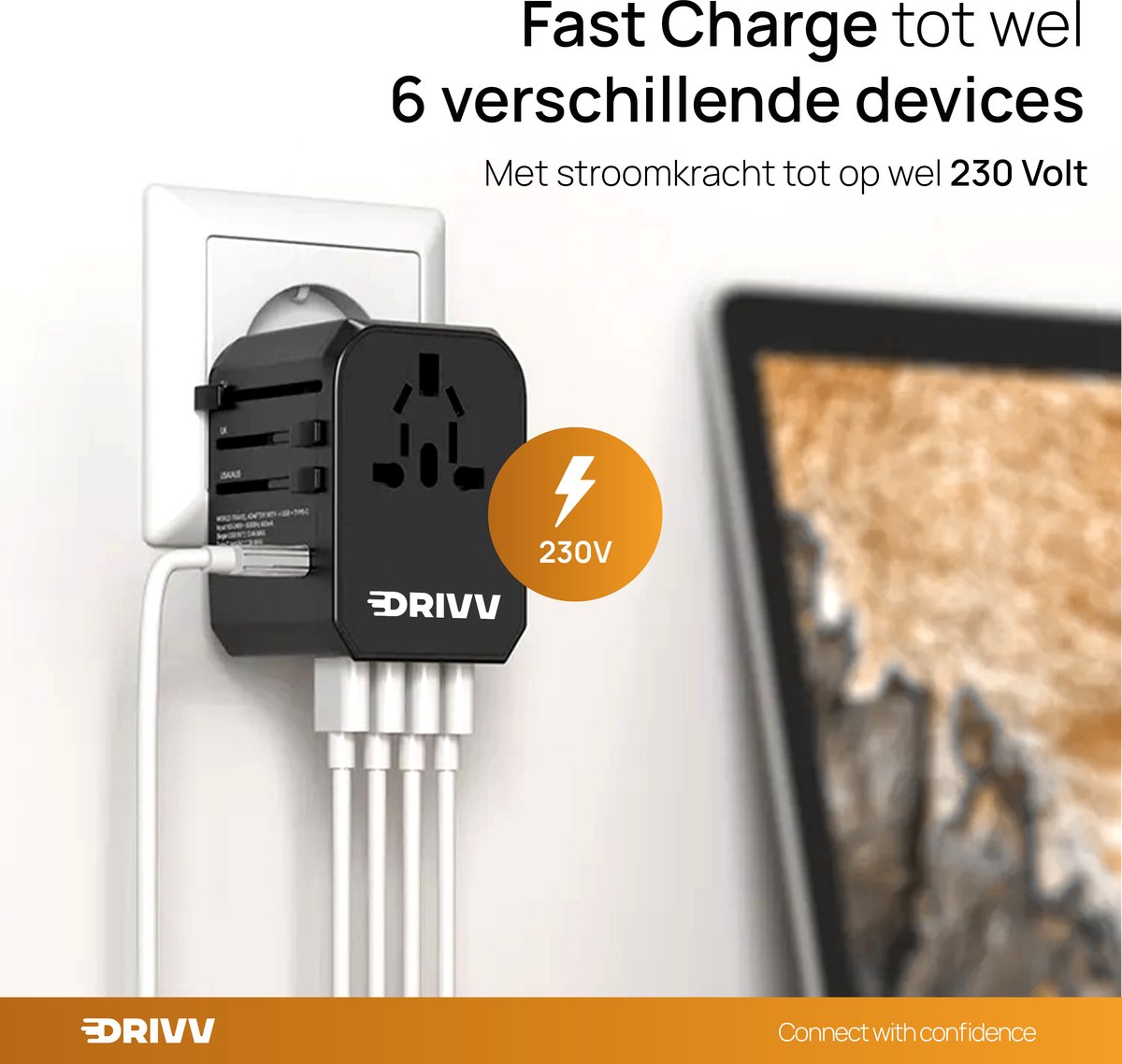 Drivv. Universele Wereldstekker - 4x USB & 1x USB C Fast Charge Travel Adapter - Reisstekker Amerika / Engeland / UK / Canada / Afrika/ Japan / Mexico / Thailand / Zuid Amerika - Type A, B, C, E, F, G, I, J, L, N - 150+ Landen - Reisadapter - Zwart