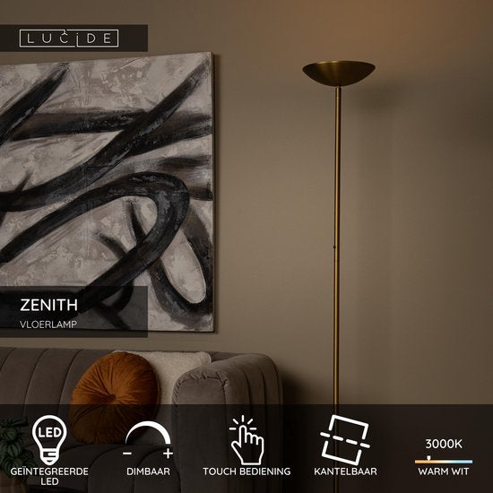 Lucide ZENITH - Vloerlamp - Ø 25,4 cm - LED Dimbaar - 1x20W 3000K - Mat Goud / Messing
