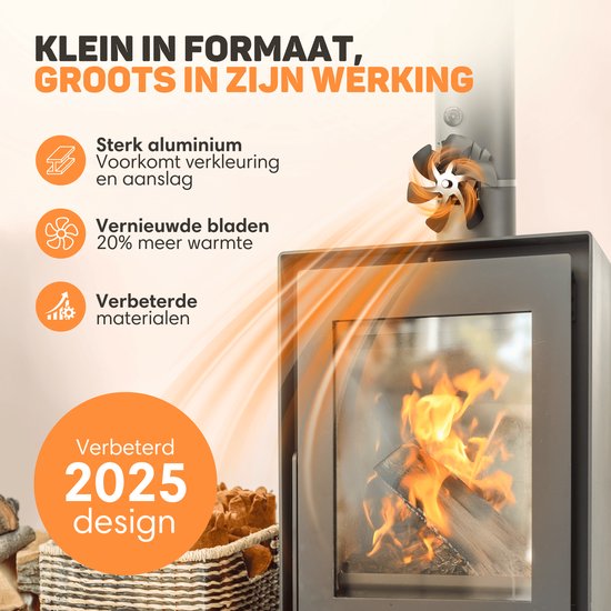 Vulpes Goods® Tech - Kachelventilator voor Houtkachel - Haardventilator - Ecofan - Warmte Ventilator - 6 Bladen - Incl. Thermometer & Handschoen - PRO versie