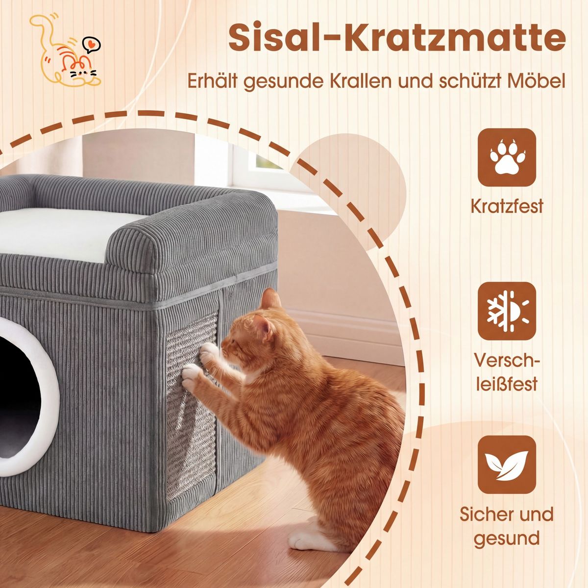 Coast Opvouwbaar Kattenhuis - met sisal krabmat - zacht kussen en verhoogde randen - grijs