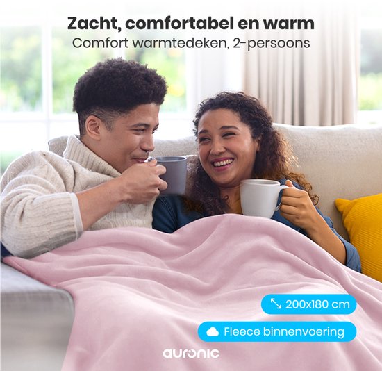 Auronic Elektrische Deken - 200x180cm - Warmtedeken - 2 Persoons - 3 Warmtestanden - Bovendeken - Met Timer - Verwarmingsdeken - Roze