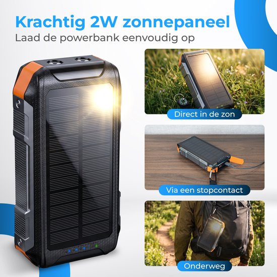 Nuvance Solar Powerbank 20000mAh - 22.5W Snellader - USB C & USB A - 4x Ingebouwde Kabels - Draadloze Powerbank 15W - Noodpakket - Powerbank Zonneenergie