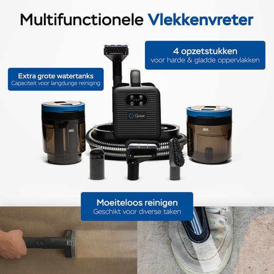 Qclean® Tapijtreiniger - 4-in-1 Vlekkenreiniger & Stoomreiniger - 105°C Stoom - Zetelreiniger - Zelfreinigend - Incl. Schoonmaakmiddel