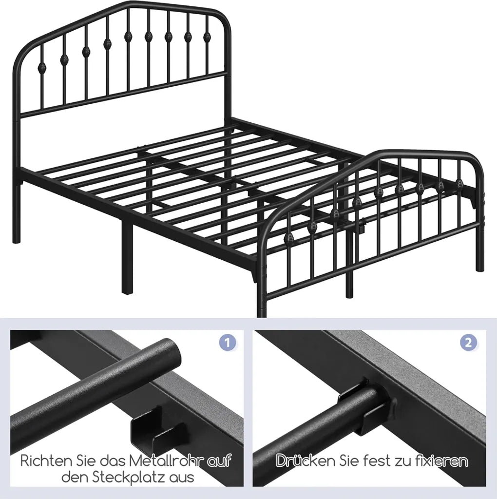 Yaheetech Metalen Bedframe - 140x200 cm - Vintage - Met Hoofdbord - Zwart - Industrieel Design