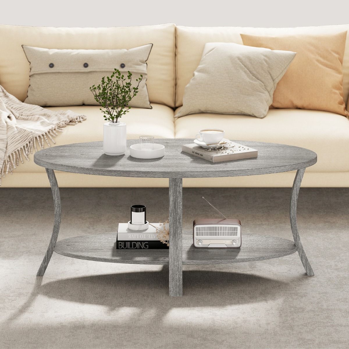 Coast Ovale Salontafel - 2-laags met opbergruimte - rubberhout - grijs - 111 x 60,5 x 47 cm