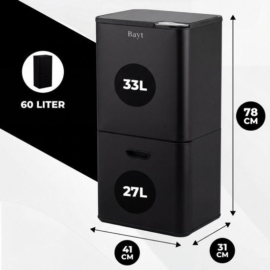 Bayt Prullenbak 60 Liter - Vuilnisbak 60 Liter - Prullenbak Afvalscheiding - 2 Compartimenten - RVS - Zwart