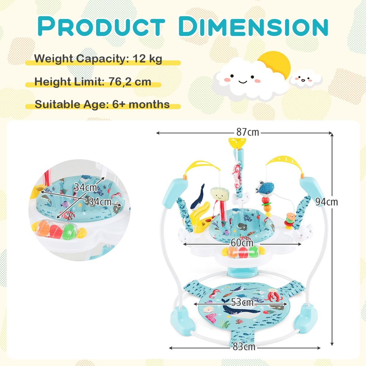 coast Baby Sky Jumperoo - Lichtblauw/Wit - 87x87x94 cm - 3 Hoogtes, 360° Draaibare Zitting & Interactief Speelcentrum