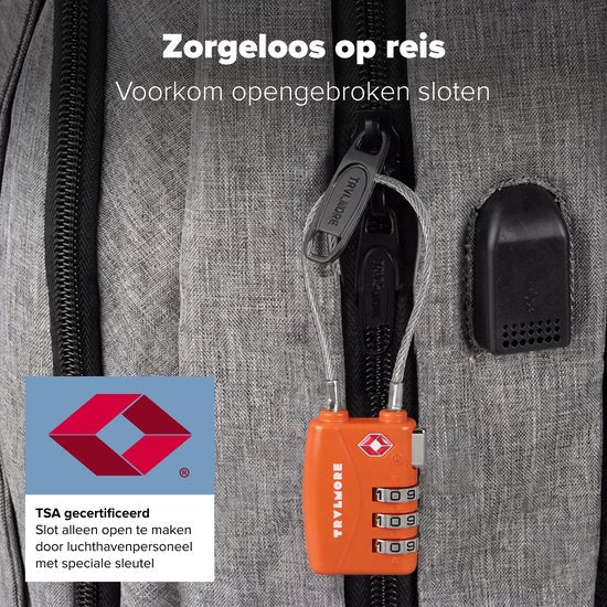 TRVLMORE Kofferslot Lang - TSA Reisslot - Slot - 3 Cijferig Hangslot - 14 cm Kabelslot - 2 Stuks - Cijferslot - Oranje
