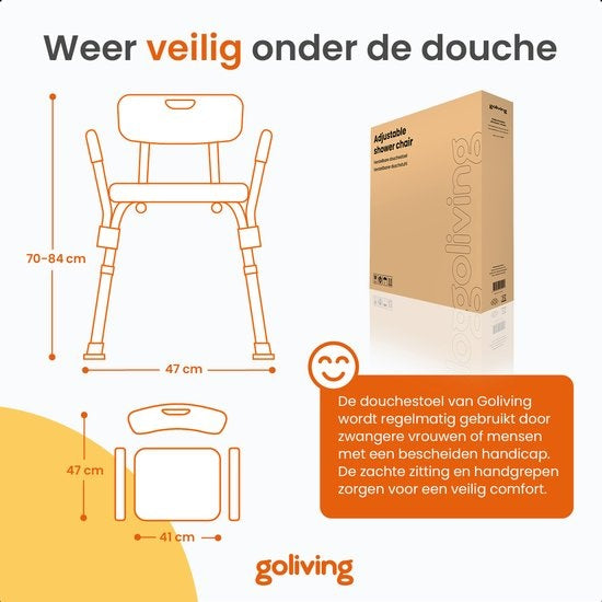 Goliving Verstelbare Douchestoel - Afneembare Arm- en Rugleuning - Douchekruk met Douchekop houder - Antislip - 3.2 kg - Hoogte 70-84 cm - Wit