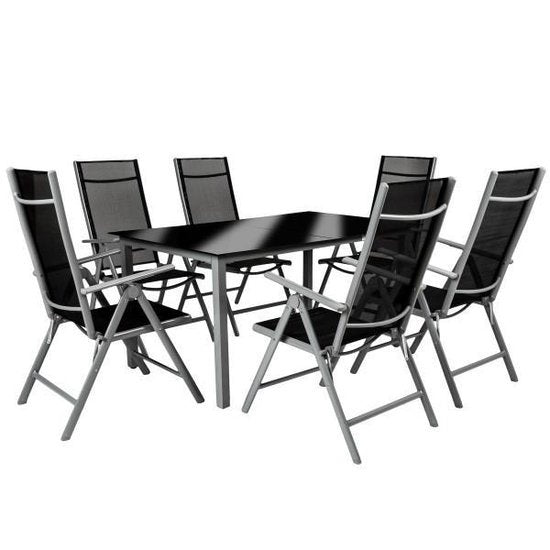 tectake® zitset aluminium klapstoelen, loungeset met 6x stoelen en 1x glazen tafel eettafel, tuinmeubelset weerbestendig voor het balkon, tuinstoelen, terrasmeubilair, ligstoel - zilver