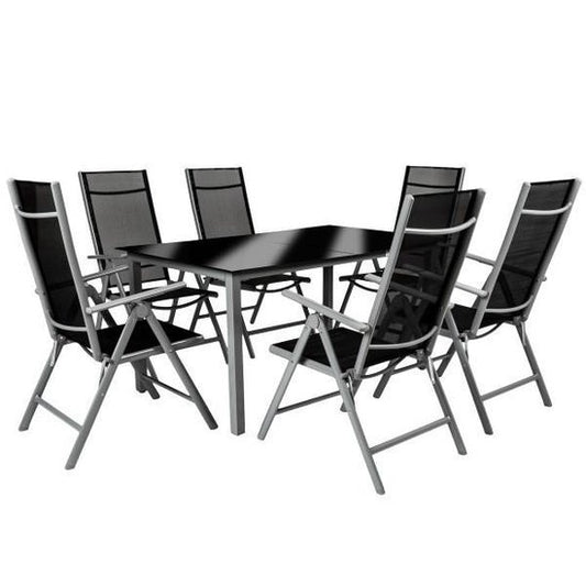 tectake® zitset aluminium klapstoelen, loungeset met 6x stoelen en 1x glazen tafel eettafel, tuinmeubelset weerbestendig voor het balkon, tuinstoelen, terrasmeubilair, ligstoel - zilver