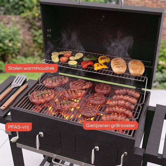 KitchenBrothers Houtskool BBQ XL - Dual Zone Smoker Barbecue - Met Verstelbare Kolenroosters & Inklapbare Zijtafels - PFAS-vrij - 42,3x75,8cm Grilloppervlak - Zwart