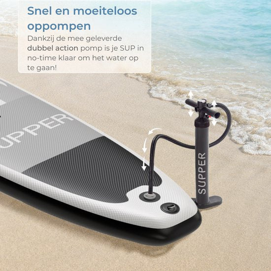 Supper Sup Board - Max. 120KG - Opblaasbaar – Paddle Board – Pomp – Vin – Leash – Draagtas – 285 x 76 cm - Zwart