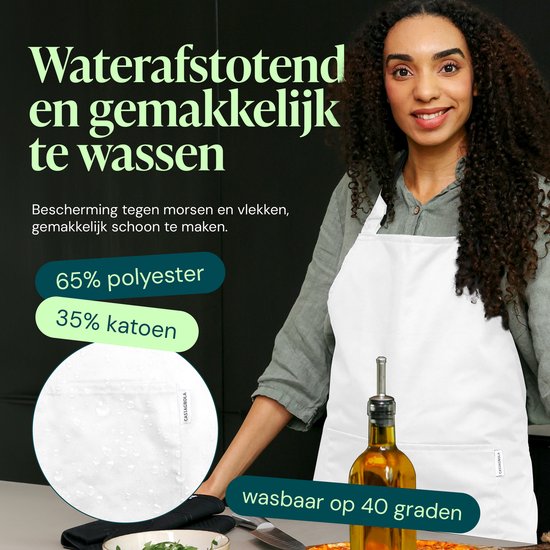 Castagnola keukenschort - Water- en vuilafstotend - Professioneel Kookschort - BBQ Schort voor Dames en Heren - Unisex - Verstelbare Gesp - Extra Grote Vakken - Wit