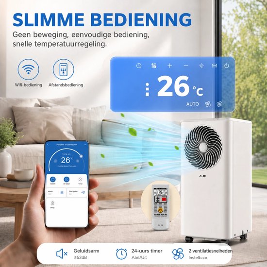 AUX 3-in-1 mobiele airconditioner 9000 BTU (Tot 36m2) , energieklasse A, wifi & afstandsbediening, 4 standen, zelfdemping, koelmiddel R290, wasbaar filter, inclusief raambeugel