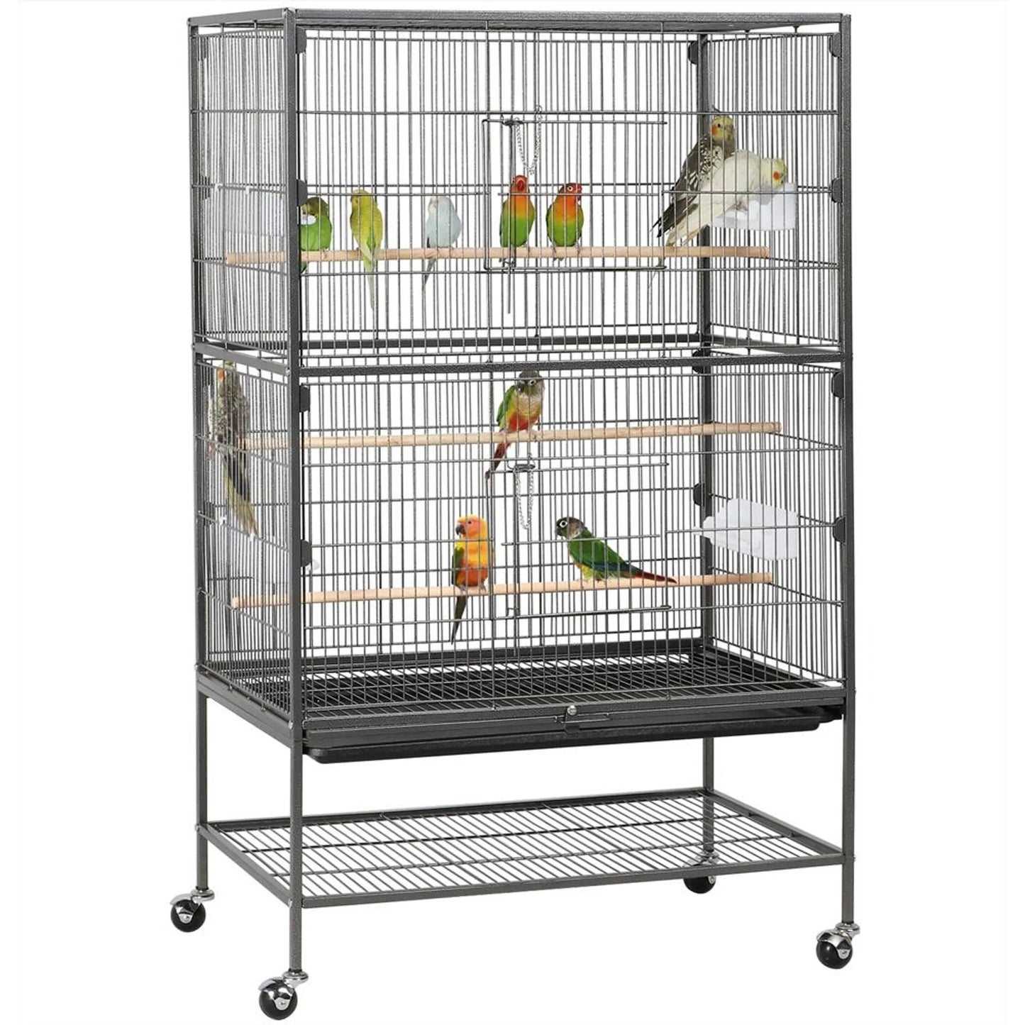 Yaheetech Vogelkooi XXL Met Verrijdbaar Onderstel – Voorzien Van Beveiligde Deur En Opbergplank En 3 Houten Zitstokken – Voor Papegaaien En Kaketoes – Zwart Metaal – 79 x 52 x 132 cm
