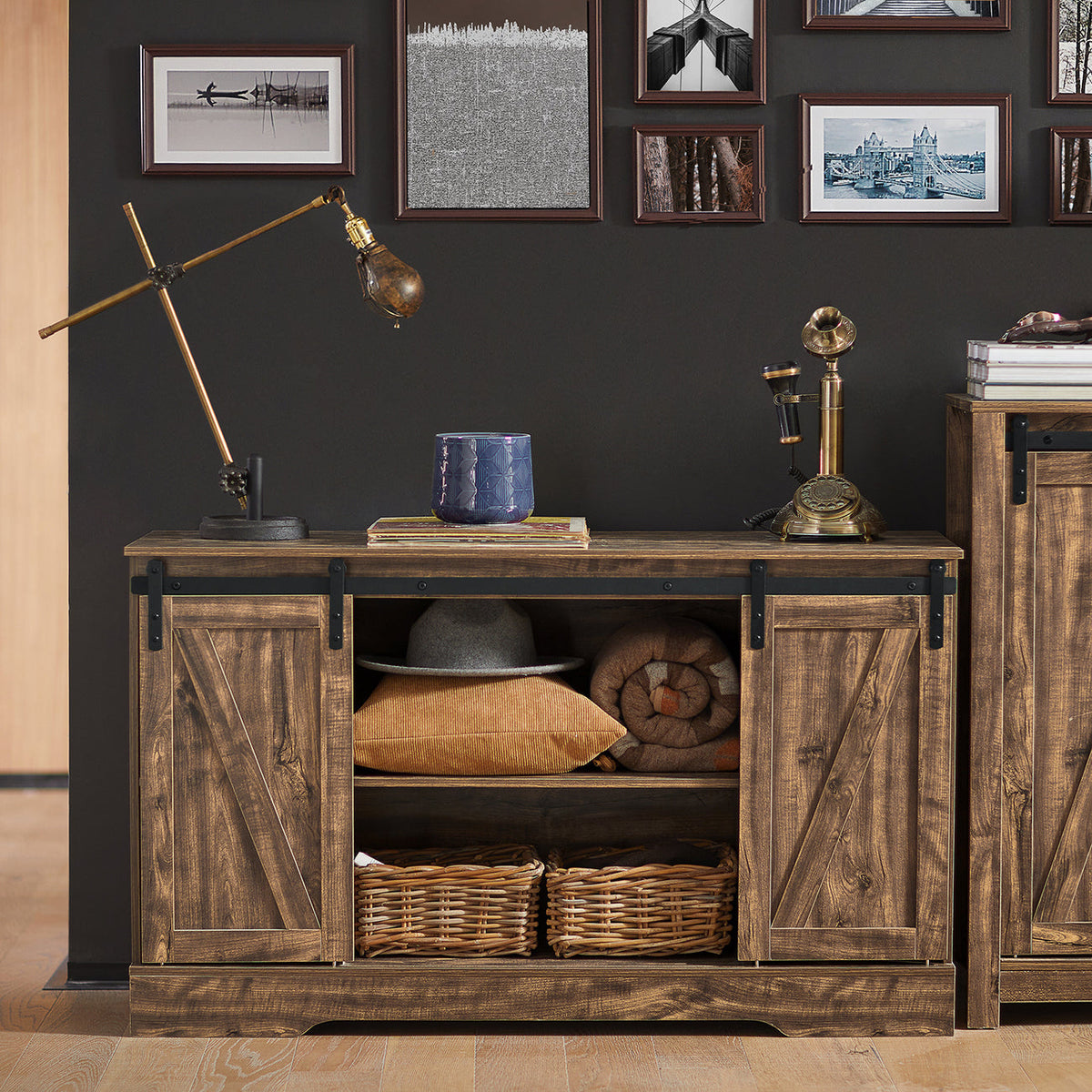 SoBuy Opbergkast – Schuifdeur, Verstelbare Planken, Landelijk Design – 120 x 40 x 70 cm – Kastanjebruin