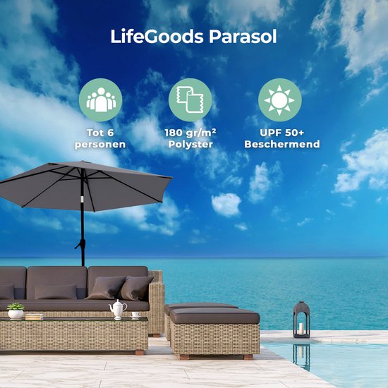 LifeGoods Parasol - Ø270 cm - 30° Kantelbaar - Waterdicht - met Hoes - Donkergrijs