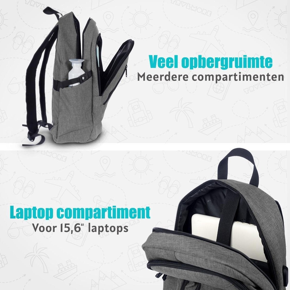TRVLMORE Rugzak - 25L - 15,6 inch - Laptop Rugtas - Schooltas - Unisex - Spatwaterdicht Grijs