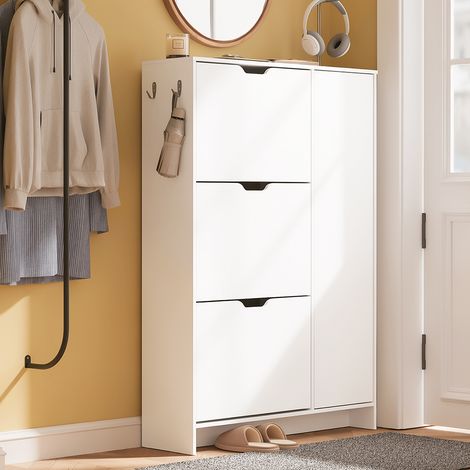 SoBuy Schoenenkast 84 x 24 x 121 cm - Wit - 3 Klepdeuren - 3 Laden - Ruimte voor 12 Paar Schoenen