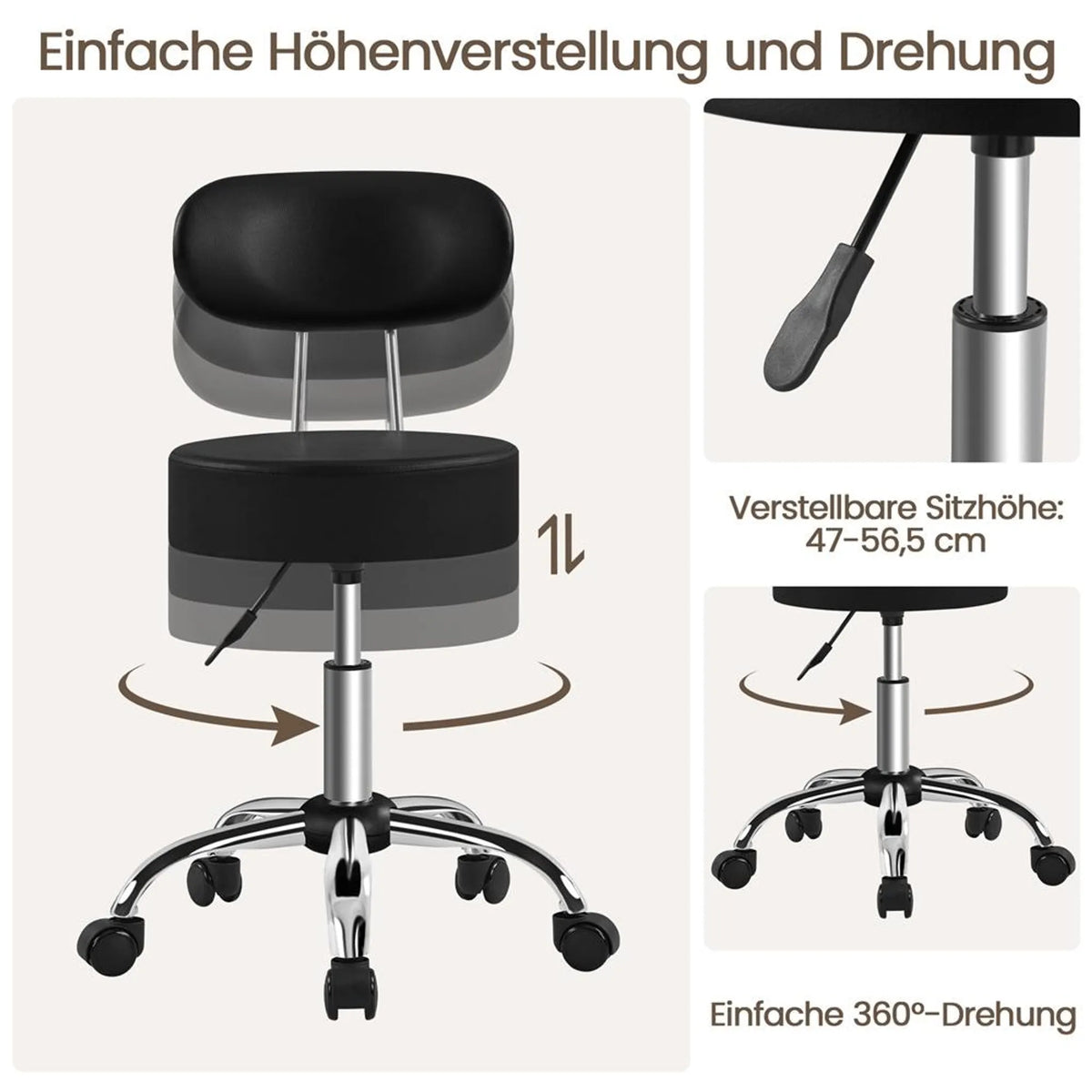 Yaheetech Barkruk Make-upstoel – 52 x 44,5 x 75,5-85 cm – Voorzien Van 10 cm Dik Zitkussen En 360° Rotatie En Verchroomd Metalen Frame – Voor Salon En Kaptafel – Zwart Kunstleer En Metaal