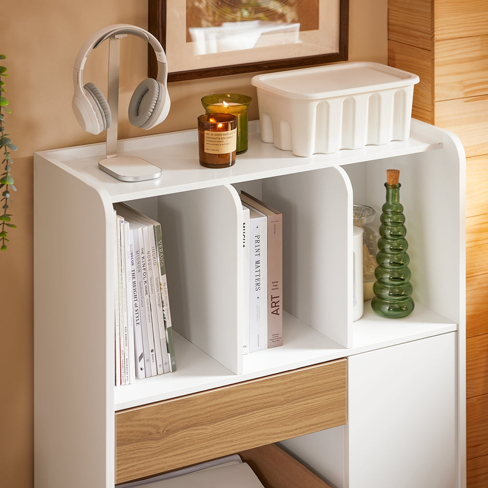 SoBuy STR11-WN compacte witte boekenkast met lade en opbergruimte, 72 x 30 x 110 cm