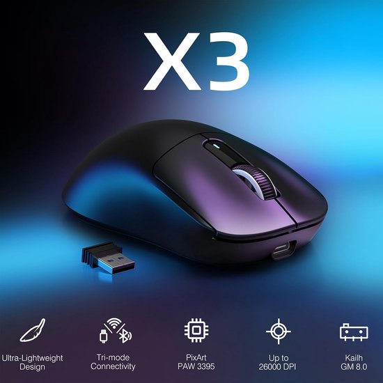 ATTACK SHARK Draadloze Gaming Muis - Wired/2.4G/BT5.4 - Lichtgewicht 49G - PAW3395 - 26000DPI - Zwart