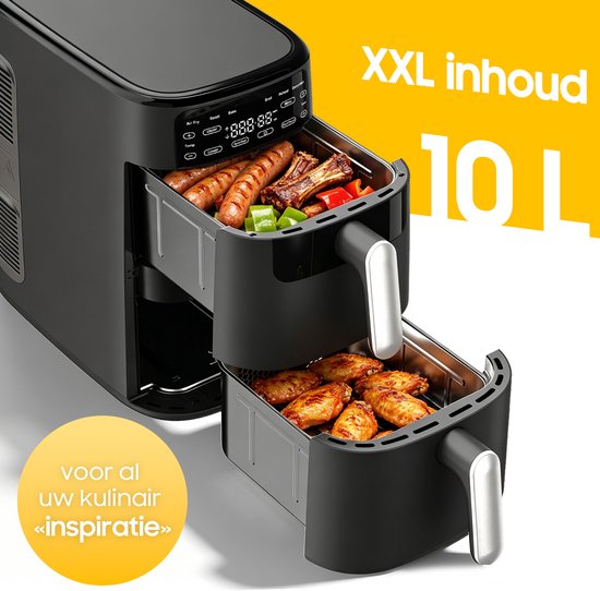 Airfryer met dubbele laag - 2700W Krachtig Vetvrij Frituren - 10L Heteluchtfriteuse met dubbele lade en verticale constructie bespaart 50% ruimte - 6 programma's - Grote capaciteit voor thuisgebruik - Inclusief Receptenboek