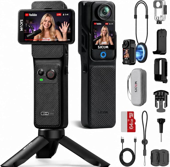 SJCAM C400 Action Camera 4K, 7 Hours Battery Life, 6-Axis Stabilization, Sports Camera with Dual Touchscreen, 30 Meters Waterproof, Vlogging Camera with Accessory Kit, Black, Includes 64GB Card