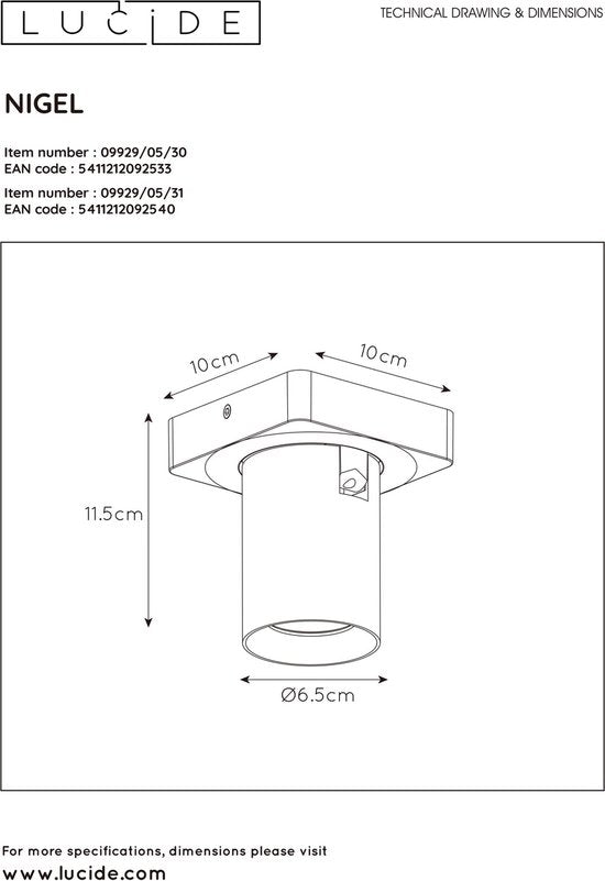 Lucide NIGEL - Plafondspot (Plafondlamp) - LED Dim to warm - GU10 - 1x5W 2200K/3000K - Wit