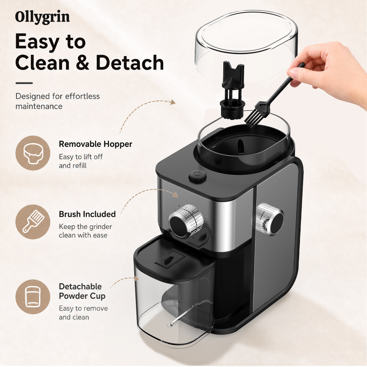 Ollygrin BG705 elektrische koffiemolen met vlakke maalwalsen - verstelbare koffiemolen voor thuisgebruik