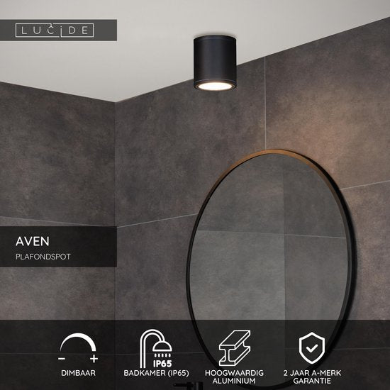 Lucide AVEN - Plafondspot (Plafondlamp) Badkamer - Ø 9 cm - 1xGU10 - IP65 - Zwart