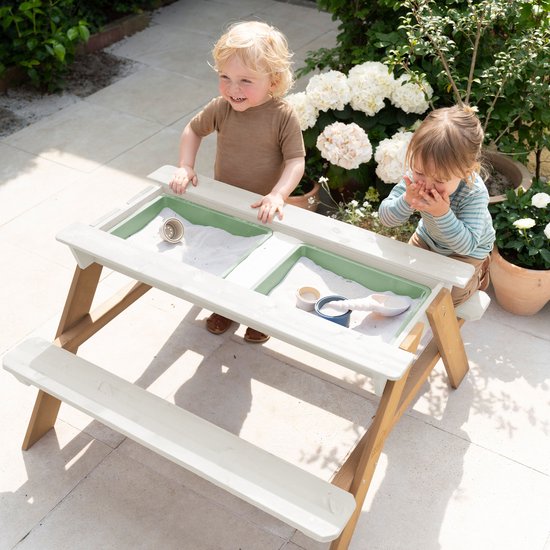 Sunny Dave Zand & Water Picknicktafel in Beige voor kinderen - Multifunctionele Picknick tafel met 2 uitneembare kunststof bakken - FSC hout
