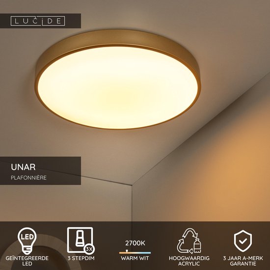 Lucide UNAR - Plafonnière (Plafondlamp) - Ø 49,5 cm - LED 3 StepDim - 1x36W 2700K - Mat Goud / Messing