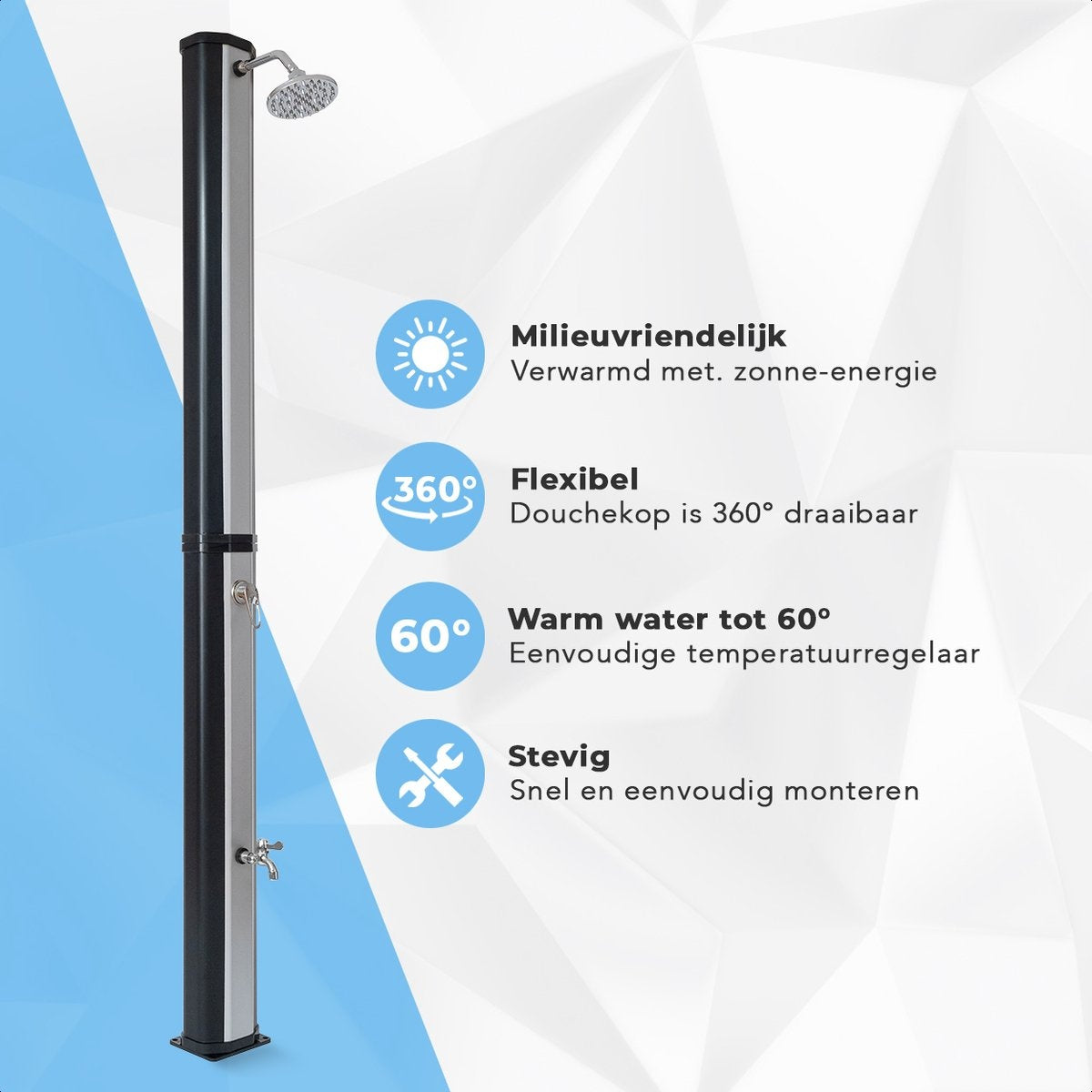LifeGoods Buitendouche - Solar - 360° Draaibare Douchekop - 35L - Zwart/Zilver