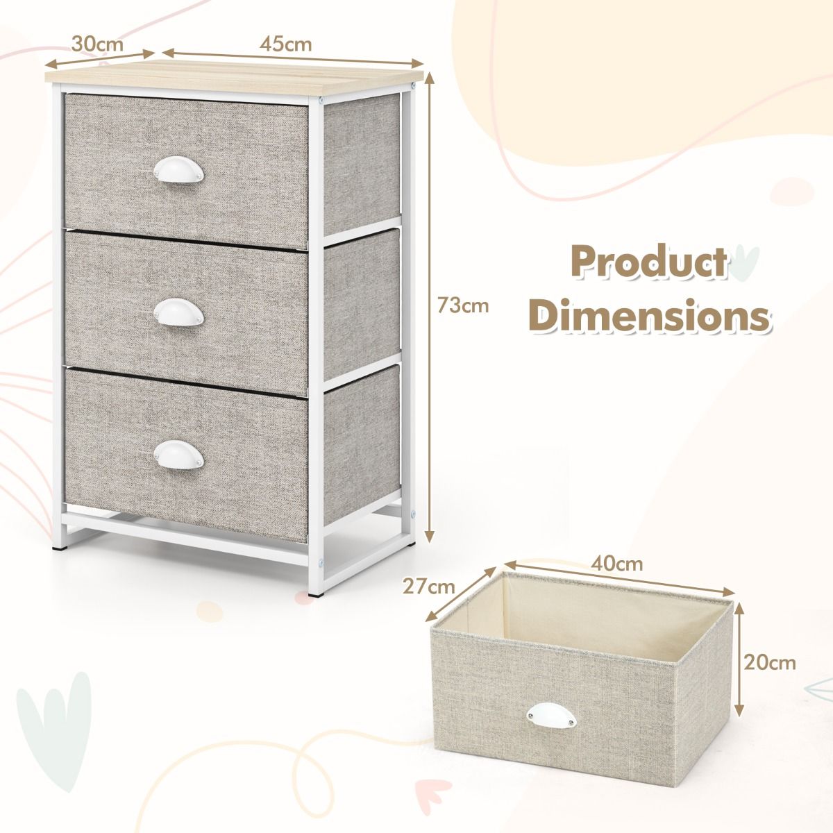Coast Ladekast met 3 lades - Opbergmeubel met inklapbare lades - Metalen frame - Wit en lichtgrijs