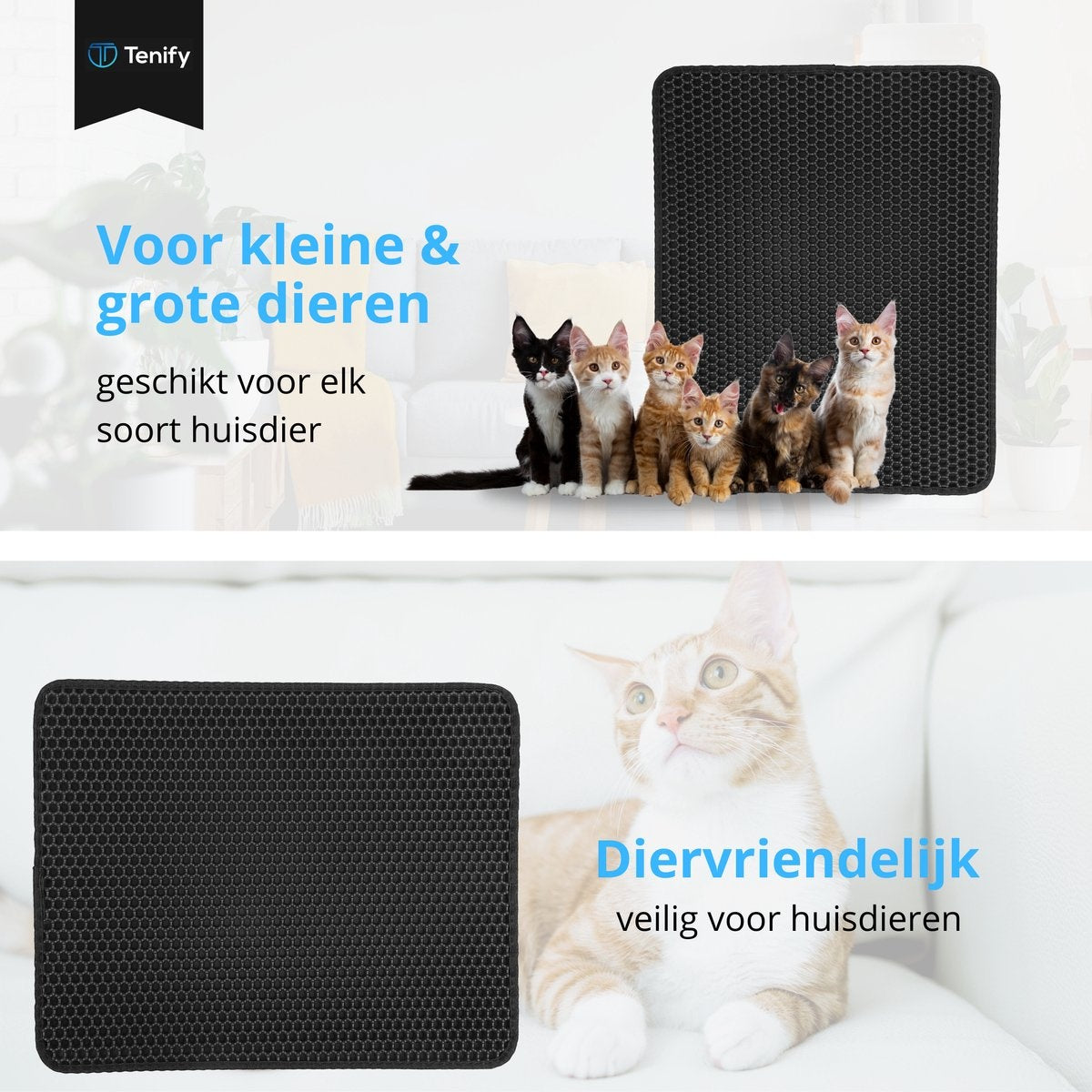 Tenify Kattenbakmat + Extra Kattenbak Schepje - 40 x 50 cm - Waterdicht - Dubbele laag - Honingraatstructuur - Uitloopmat - Mat