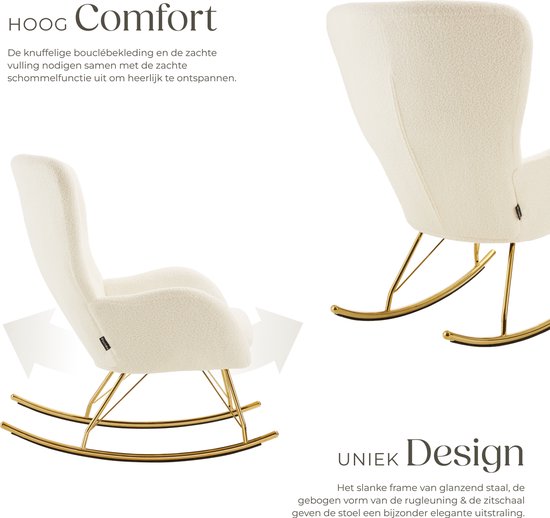 tectake® Swing Schommelstoel – Gestoffeerde Bouclé Fauteuil met Stalen Glijders en Extra Dik Zitkussen – Scandinavisch Design, Onderhoudsvriendelijk en Ergonomisch – creme/goud