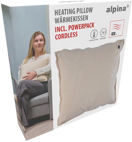 alpina Warmtekussen Oplaadbaar met Powerbank – Warmte kussen Elektrisch met 3 Warmtestanden – Verwarmingskussen met Fleece Hoes – 45x45cm – Beige