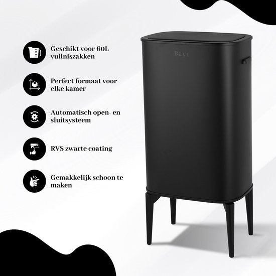 Bayt Prullenbak op pootjes - Prullenbak 60 Liter vuilniszakken - Prullenbak met Sensor - Vuilnisbak - Afvalbak - RVS - Zwart - 53L
